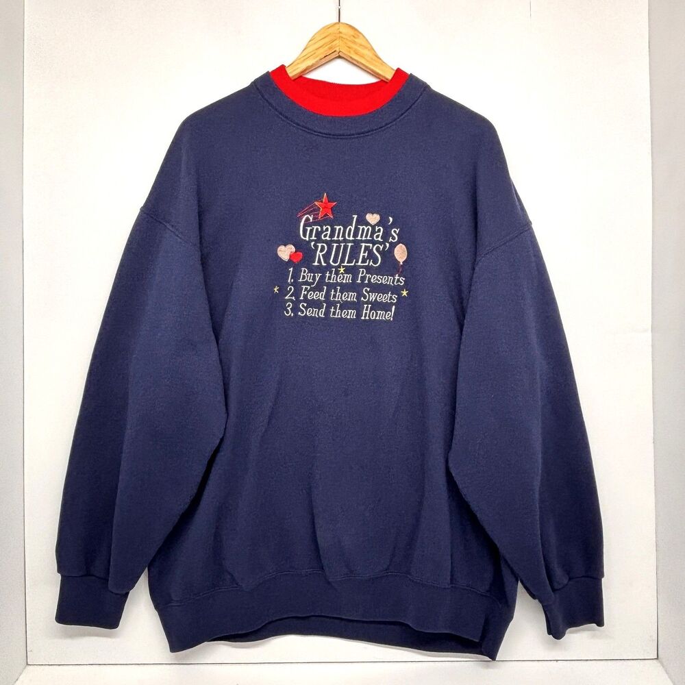Vtg Fruit of the Loom Grandma's Rules Pullover Sweatshirt Navy Embroidered XXL